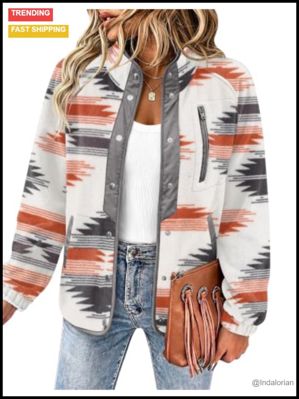 Women's Western Aztec Print Fleece Snap Button Jacket with Pockets